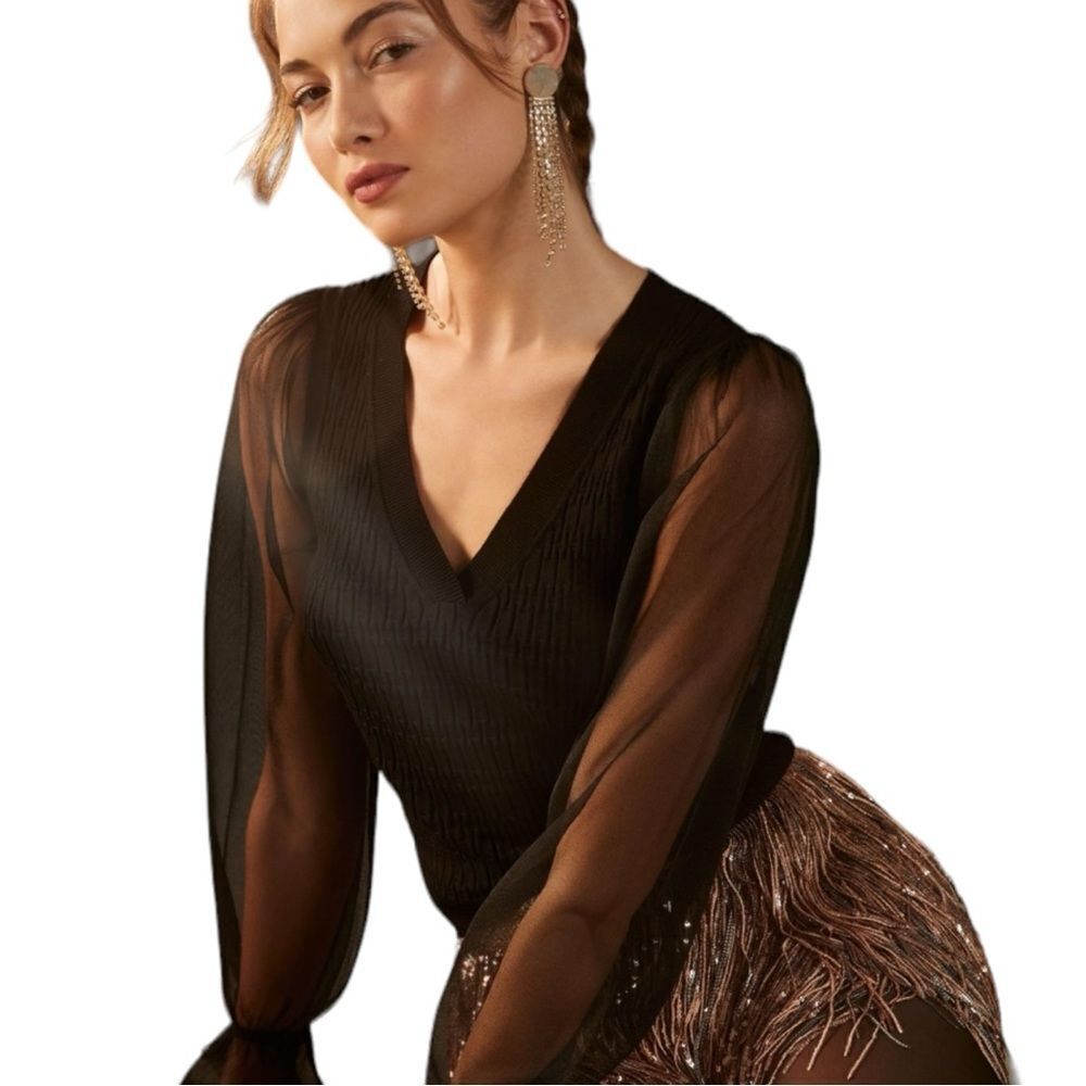 NWT Anthropologie Maeve Sheer Sleeve Black Sweater Size M